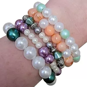 Perlen Stretch Armband Menge 5 Stck. Handarbeit Kunstperle Grün Rosa Lila Weiß - Bild 1 von 6