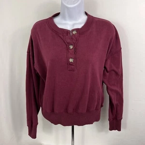 American Eagle Sweatshirt Women's Small Oversized Crop Pullover Henley Burgundy - Picture 1 of 13