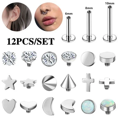 12Pcs 18g Stainless Steel Labret Lip Stud Zircon Nose Stud Helix Conch Piercing - Image 1 of 4