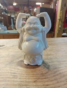 Vintage White Ceramic Porcelain Happy BUDDHA Statue Figurine w/ Raised Arms 6.5” - Picture 1 of 6