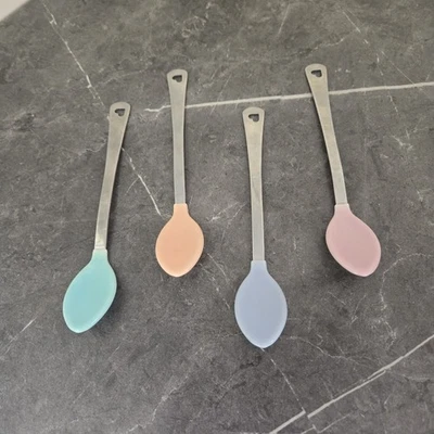 Vintage Lot of 4 Munchkin Baby Spoons Blue And Pink Heart Cutout Stainless Steel - Image 1 of 4