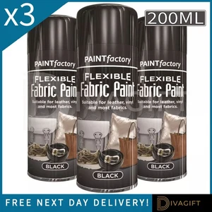 3 x BLACK FLEXIBLE FABRIC SPRAY PAINT 200ML LEATHER VINYL CLOTHES FAST DRYING - Picture 1 of 2