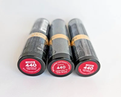 3 PACK Revlon Super Lustrous Lipstick 440 CHERRIES IN THE SNOW, Creme New SEALED - Image 1 of 4