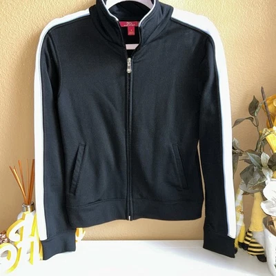 SO So Real So Right Women’s Sweat Jacket Black With White Trim Small Work Out - Image 1 of 4