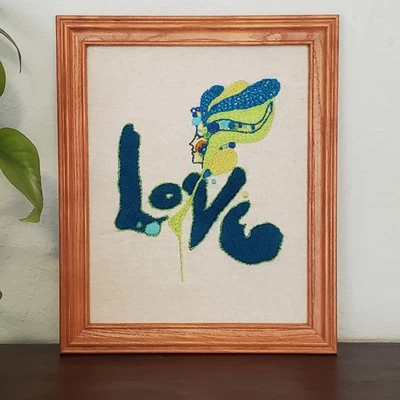Vintage Inspired Peter Max Style "Love" Crewel In Wooden Frame - Image 1 of 4