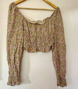 H & M Retro Crop Top M Floral Smocked Ruffle Milkmaid Festival Cottagecore Boho - Picture 1 of 4