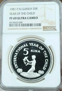 1981 PAPUA NEW GUINEA SILVER 5 KINA YEAR OF THE CHILD NGC PF 69 ULTRA CAMEO TOP - Picture 1 of 4
