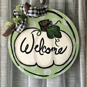 Pumpkin Fall Farmhouse Decor Door Hanger Welcome Sign Hand Painted 22 Inch Big! - Picture 1 of 4