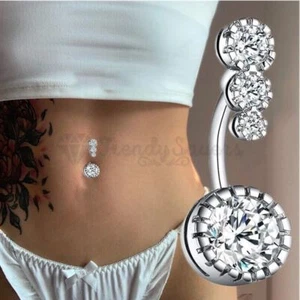 Rose Gold Silver 316L Surgical Steel Belly Bars Clear CZ Belly Rings Navel Rings - Picture 1 of 50