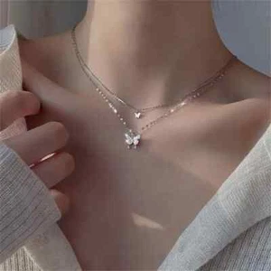 Shiny Butterfly Pendant Necklace Exquisite Double Layer Clavicle Chain Jewelry - Picture 1 of 8