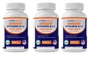 Vitamatic Vitamin B12 5000 mcg Fast Dissolve 3X365 Tabs NonGMO/No Gluten - Picture 1 of 2