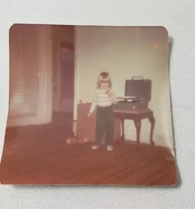 1979 Blond Child with Record Player Photograph 3 3/8" x 3.5" Photo color 1970s - Picture 1 of 6