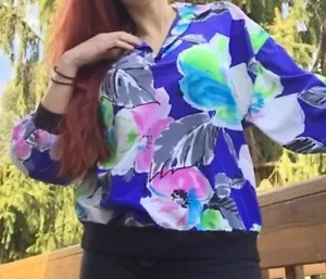 Camicetta donna vintage top n top Miami blu rosa verde fiori tropicali 14 M/L anni 80 - Foto 1 di 12
