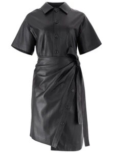 Women Genuine Soft Black Leather Wrap Short Dress Button Up With Attached Belt - Picture 1 of 4