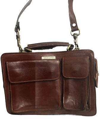BOLSO BANDOLERA CUERO TOSCANO 2 LADOS/2 COMPARTIMENTOS MARRÓN CUERO ITALIANO CREMALLERA Foto 1 de 4