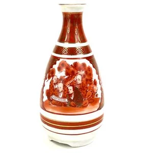 Antigua botella de sake japonesa c1920 roja Kutani Tokkuri filósofos pergamino de lectura - Imagen 1 de 11