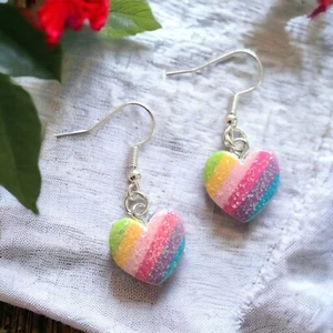 RAINBOW HEART Earrings cute Glitter Hearts Nickel Free jewellery Lovely & Light - Picture 1 of 1