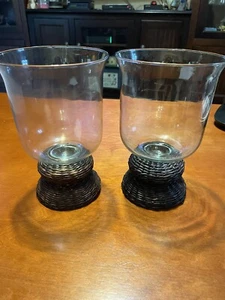 weaved wicker glass pedestal pillar candle holder table decor - Picture 1 of 4