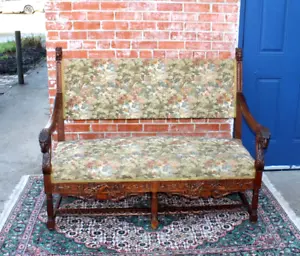 French Antique Renaissance Settee | Walnut Green Upholstered Bench - Picture 1 of 12