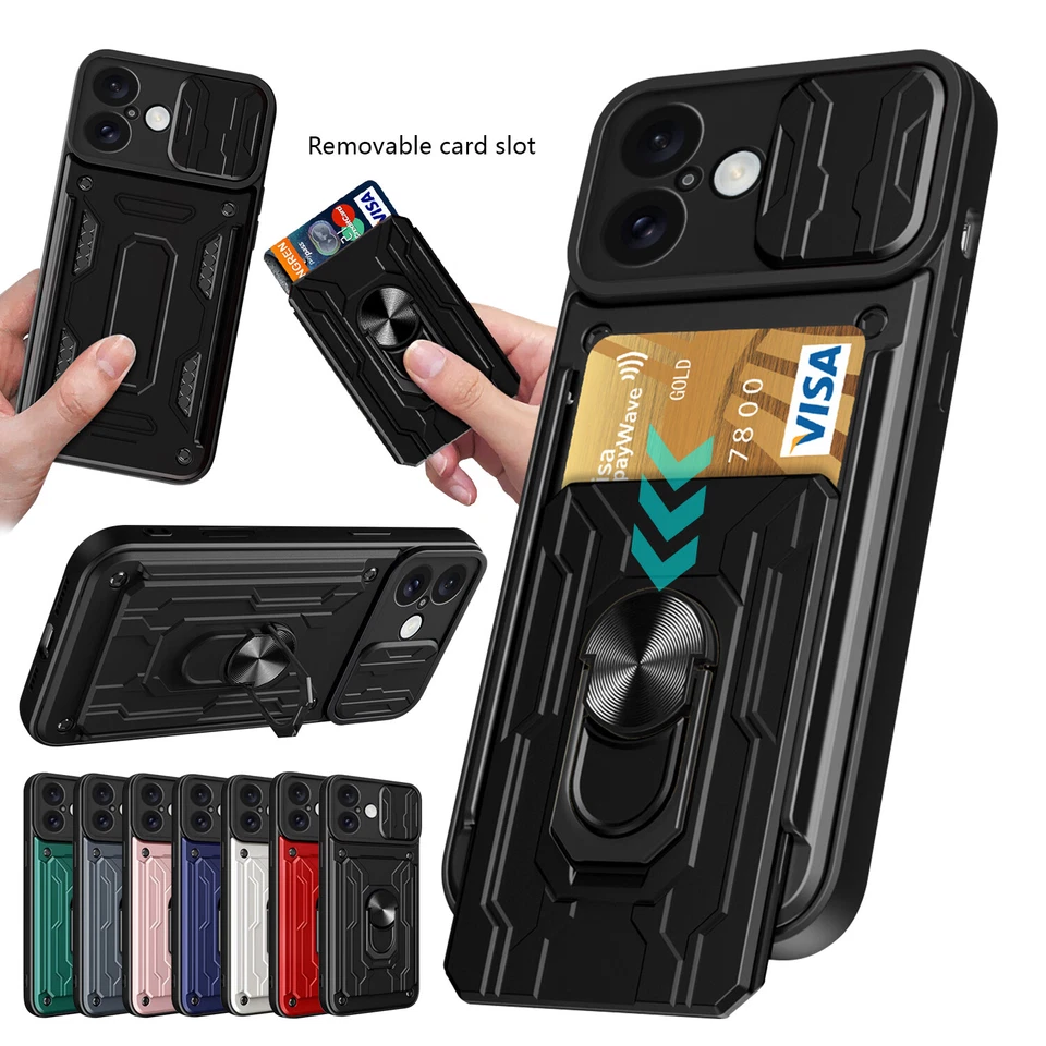 For iPhone 16 15 14 13 12 11 Pro Max Case Wallet Card Holder Ring Stand Cover - Image 1 of 4