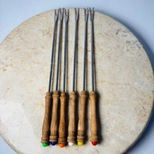 Set of 6 Vintage Fondue Forks Stainless W/ Wood Handle Colored Ends Japan - Picture 1 of 5