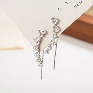 925 Sterling Silver CZ Curve Love Heart Bar Ear Climber Crawler Sweep Earrings - Picture 1 of 10