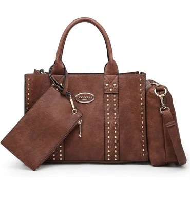 Dasein Womens Brown Vegan Leather Studded Detachable Strap Satchel Bag 3 Piece - Image 1 of 4