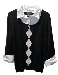 Vtg Elementz Black White Argyle Sweater Plus Sz 2X Wirh Attached Collar & Cuffs - Picture 1 of 13