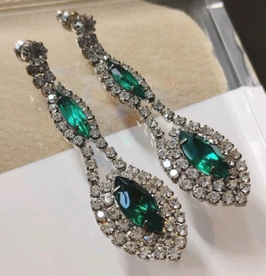 DRAMA! Pendientes de poste de diamantes de imitación transparentes y marqués verde esmeralda brillante de 3"! Foto 1 de 4