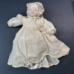 Vintage 5" Porcelain or Bisque Baby Doll with Lace and Embroidered Linen - Picture 1 of 10