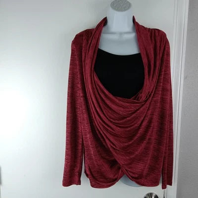 Túnica One World para mujer mediana roja negra drapeada capucha cuello manga larga top boho Foto 1 de 4