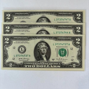 Two Dollar Bill Fancy Serial Number Trinary Lot 3s 7s 4s Uncirculated Mint 2017 - Picture 1 of 5