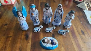 Vintage Tonala Mexican Nativity Scene Hand Painted Mexico Pottery Folk Art 9 Pc - Picture 1 of 9