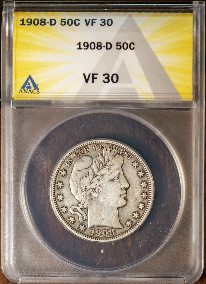 1908-D 50c Silver Barber Half-dollar VF-30 ANACS # 7433083 + Bonus - Image 1 of 2