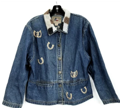 Vtg Dont Mess With Texas Denim Jean Jacket Sz L Horses Western Beaded Collar - Image 1 of 4