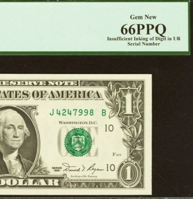 1981 $1 FRN PCGS 66PPQ Gem New Insufficient Inking of Digit in UR Serial Number - Image 1 of 3