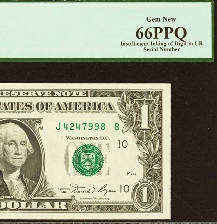 1981 $1 FRN PCGS 66PPQ Gem New Insufficient Inking of Digit in UR Serial Number - Image 1 of 3