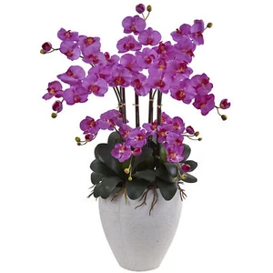 34" Purple Phalaenopsis Orchid Artificial Large Arrangement in White Planter - Picture 1 of 2