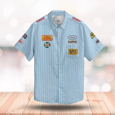 Vintage Work Style Mechanic Casual Button Shirt Printed Fake Patches Lightweight - Photo 1/4