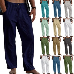 Mens Cotton Linen Straight Pants Casual Loose Elastic Waist Yoga Long Trousers - Picture 1 of 22