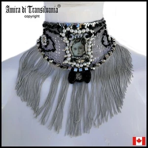 Choker Jewelry Woman Necklace Embroidered Macrame Collar Cameo Fringe Charleston - Picture 1 of 24