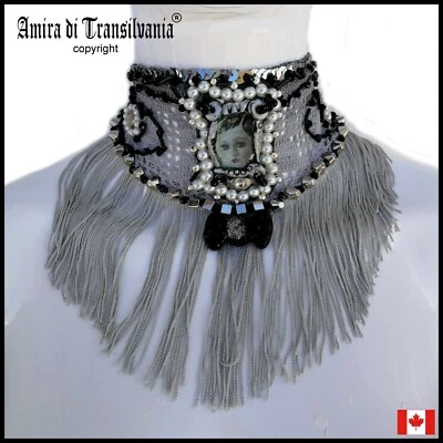 Choker Jewelry Woman Necklace Embroidered Macrame Collar Cameo Fringe Charleston - Image 1 of 4