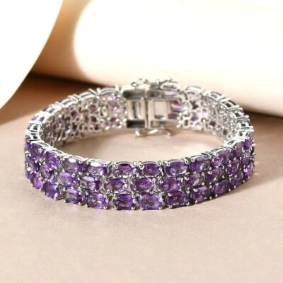 935 Silver Triple Raw 40.32CT Oval Cut Amethyst Engagement Bracelet For Woman - Image 1 of 4
