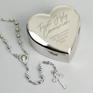 Personalised First Holy Communion Rosary Beads and Cross Heart Trinket Box - Picture 1 of 2