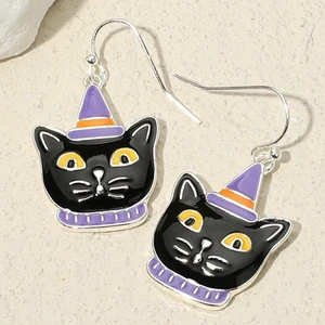 PENDIENTES COLGANTES PERFORADOS ESMALTE SOMBRERO BRUJA GATO NEGRO FELIZ HALLOWEEN - Imagen 1 de 1
