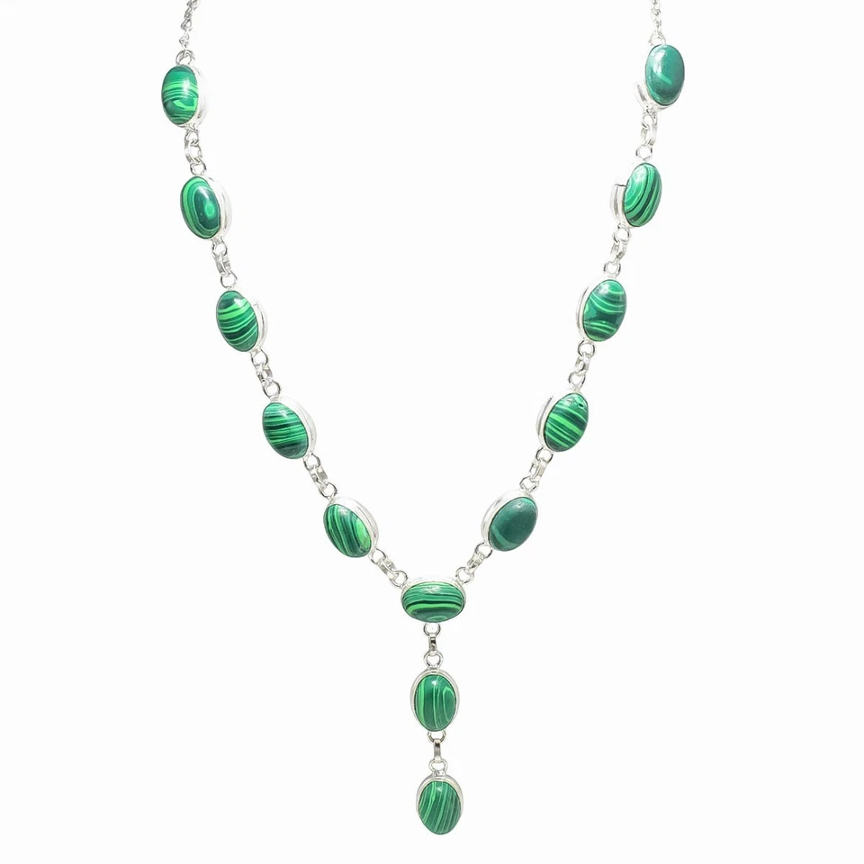 Collar de joyería de plata de ley 925 hecho a mano con piedras preciosas de malaquita natural-20" Foto 1 de 4