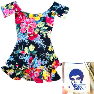 1980s Betsey Johnson Punk Label Dress Black Floral Size S or M  Off the Shoulder - Picture 1 of 14