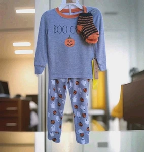 NWT Rae Dunn Crewneck Snug Fit Boo Crew 3 Piece Pajama Set sz 3T Gray Halloween  - Picture 1 of 6