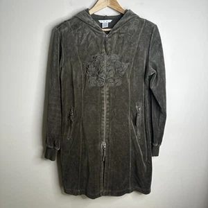 CAbi Full Zip Velvet Embroidered Hoodie Jacket Sz M Olive Green Grunge Y2K 90s - Picture 1 of 10