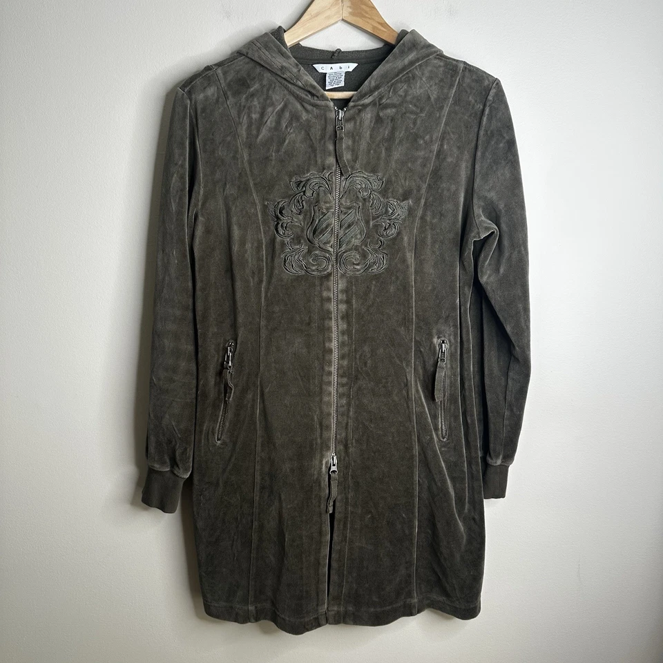Chaqueta con Capucha CAbi Cremallera Completa Terciopelo Bordado Talla M Verde Oliva Grunge Y2K Años 90 Foto 1 de 4